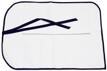 White knife pouch bag with navy border and crossed ribbon ties