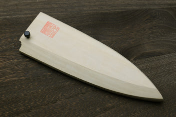 Natural wooden saya knife cover with red stamp and black pin detail