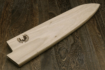 Light oak wood saya blade protector with engraved logo on open edge