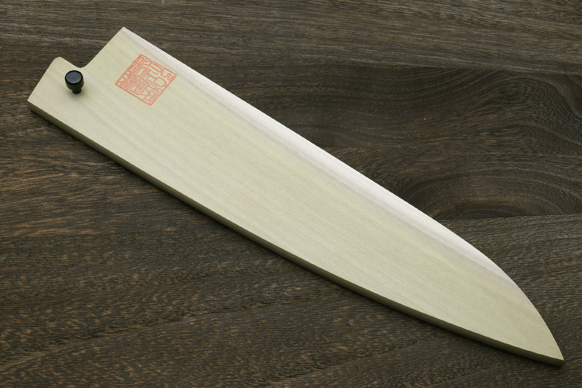 Natural wood knife saya cover with blue end knob and red label on top