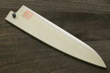 Natural wood knife saya cover with blue end knob and red label on top