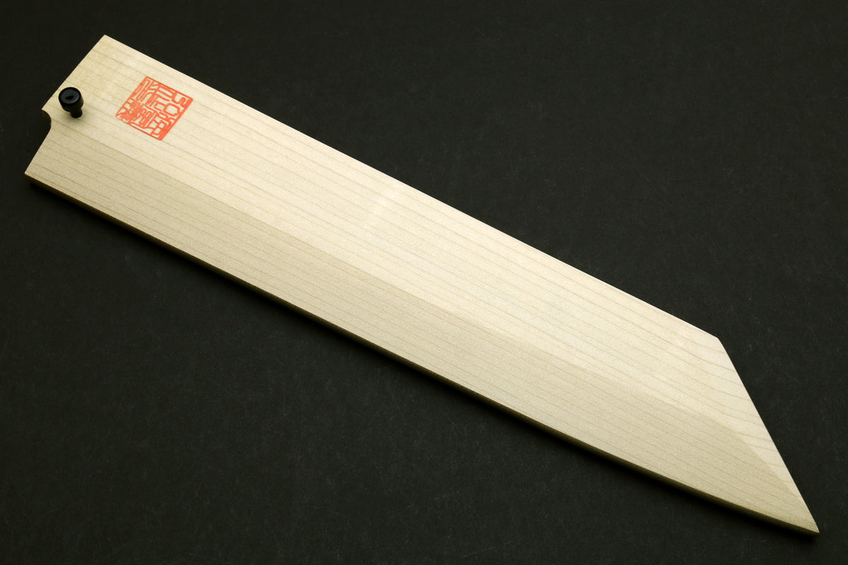 Wooden saya cover with pointed tip and black hardware, pale natural finish