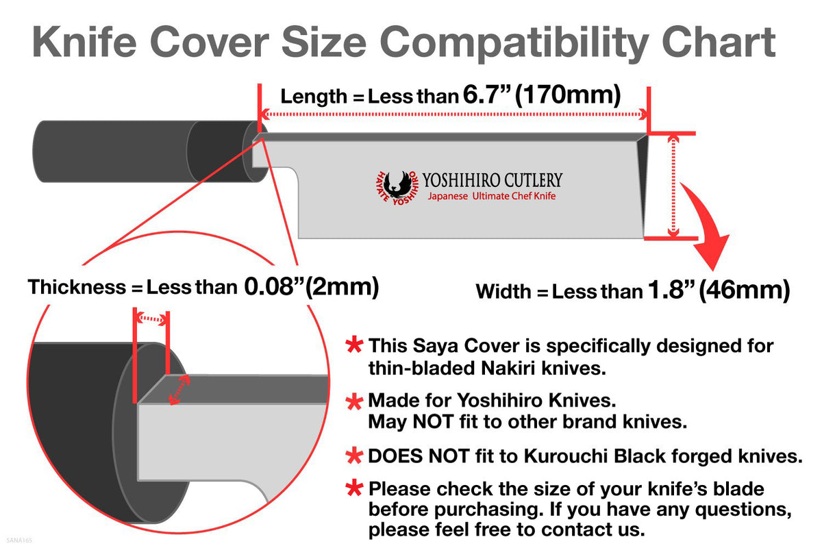 Knife cover size compatibility chart for thin-bladed nakiri knives
