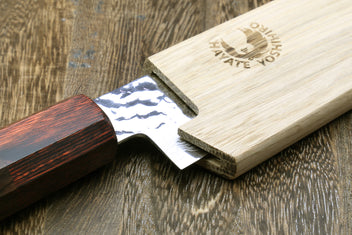Magnetic oak wood saya blade protector cover with knife blade partly inserted