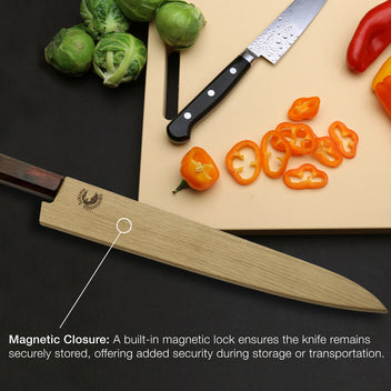 Magnetic oak wood saya blade protector cover with magnetic closure on knife