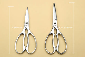 Stainless kitchen scissors size chart: 7.5 in (190mm) and 8.25 in (210mm)
