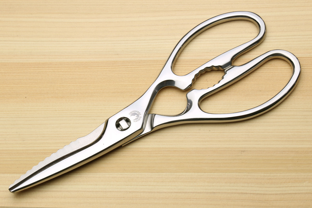 Stainless steel Japanese kitchen shears with serrated blade tip and oval loop handles.