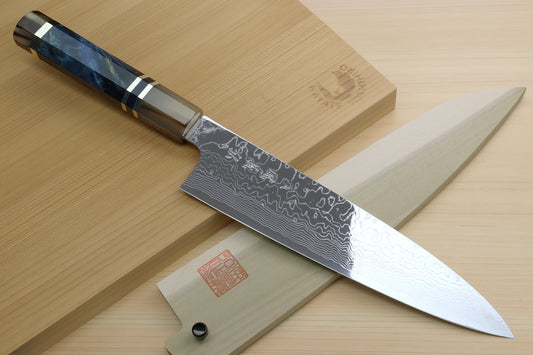 Yoshihiro Damascus SG2 (R2) Semi-Stainless Gyuto Chef Knife with Ocean Blue Handle (Blade Length 8.25" (210mm))