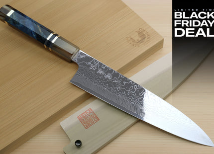 (BF Sale) Yoshihiro Damascus SG2 (R2) Semi-Stainless Gyuto Chef Knife with Ocean Blue Handle (Blade Length 8.25" (210mm))
