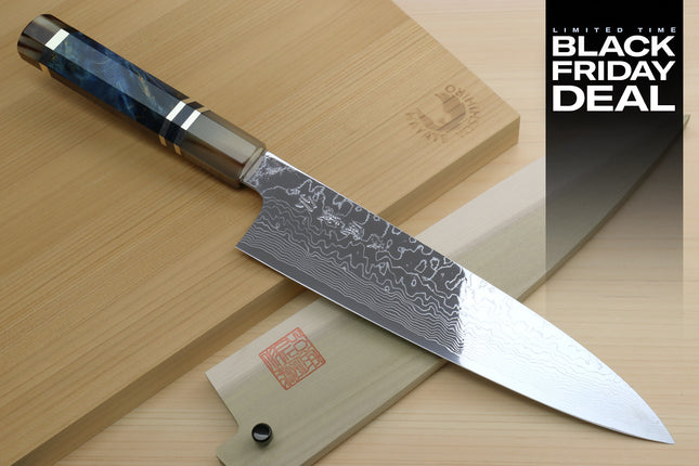 (BF Sale) Yoshihiro Damascus SG2 (R2) Semi-Stainless Gyuto Chef Knife with Ocean Blue Handle (Blade Length 8.25" (210mm))