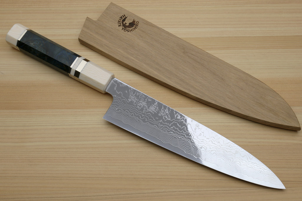 Yoshihiro Damascus SG2 (R2) Semi-Stainless Gyuto Chef Knife, Ocean Blue Handle with Alternative Ivory Bolster
