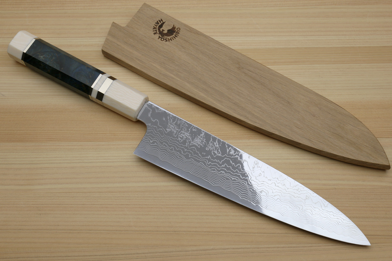 Yoshihiro Damascus SG2 (R2) Semi-Stainless Gyuto Chef Knife, Ocean Blue Handle with Alternative Ivory Bolster