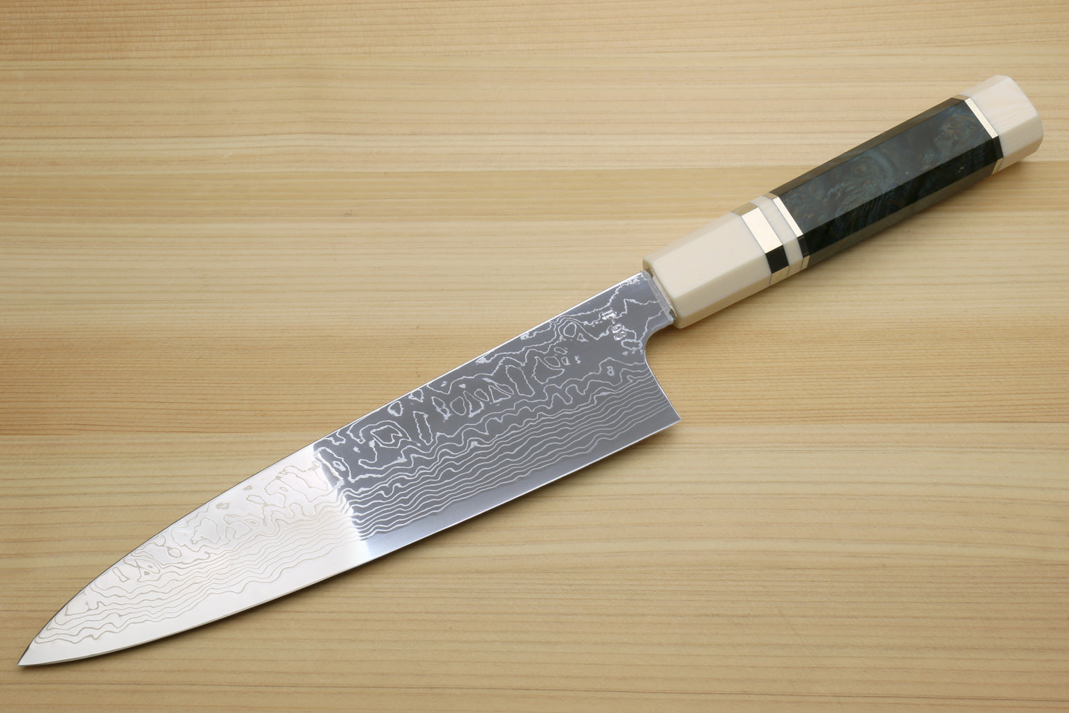 Yoshihiro Damascus SG2 (R2) Semi-Stainless Gyuto Chef Knife, Ocean Blue Handle with Alternative Ivory Bolster