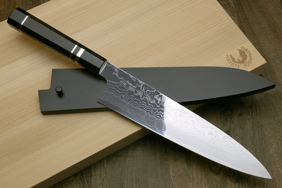 Yoshihiro Damascus SG-II (R-2) Semi-Stainless Gyuto Chef Knife, Triple Silver Ring Ebony Handle 9.5