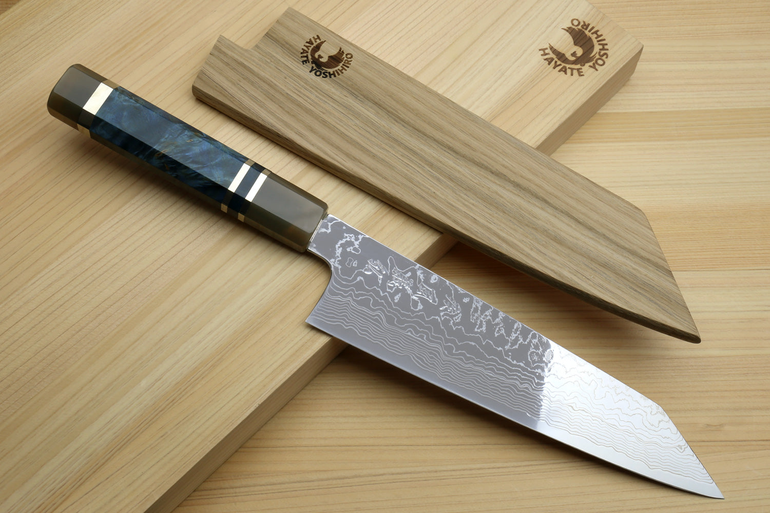 Yoshihiro Damascus SG2 (R2) Semi-Stainless Kiritsuke Chef Knife with Ocean Blue Handle