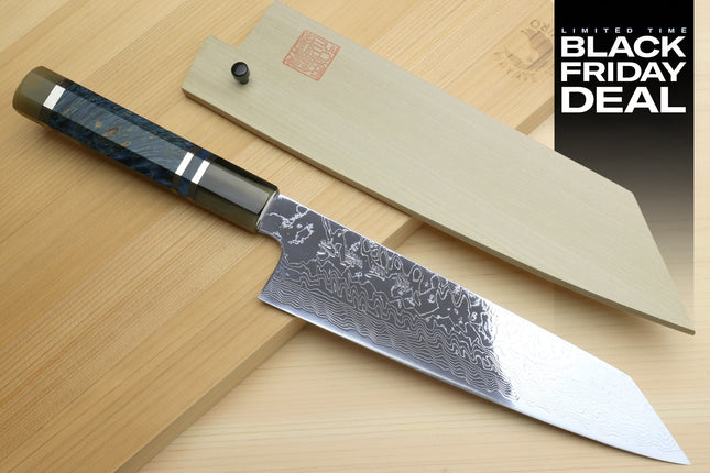 (BF Sale) Yoshihiro Damascus SG2 (R2) Semi-Stainless Kiritsuke Chef Knife with Ocean Blue Handle (Blade Length 8.25" (210mm))