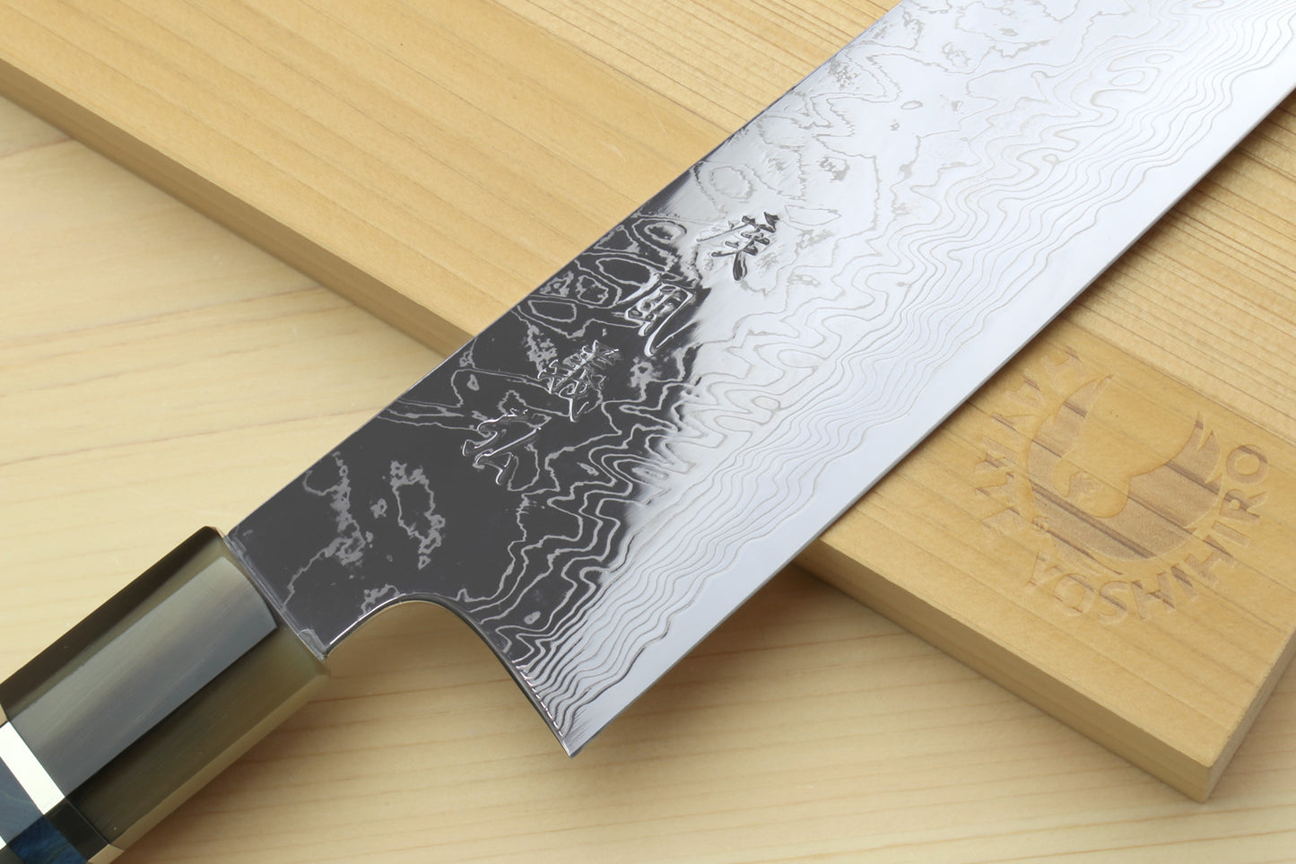 Yoshihiro Damascus SG2 (R2) Semi-Stainless Kiritsuke Chef Knife with Ocean Blue Handle (Blade Length 8.25" (210mm))