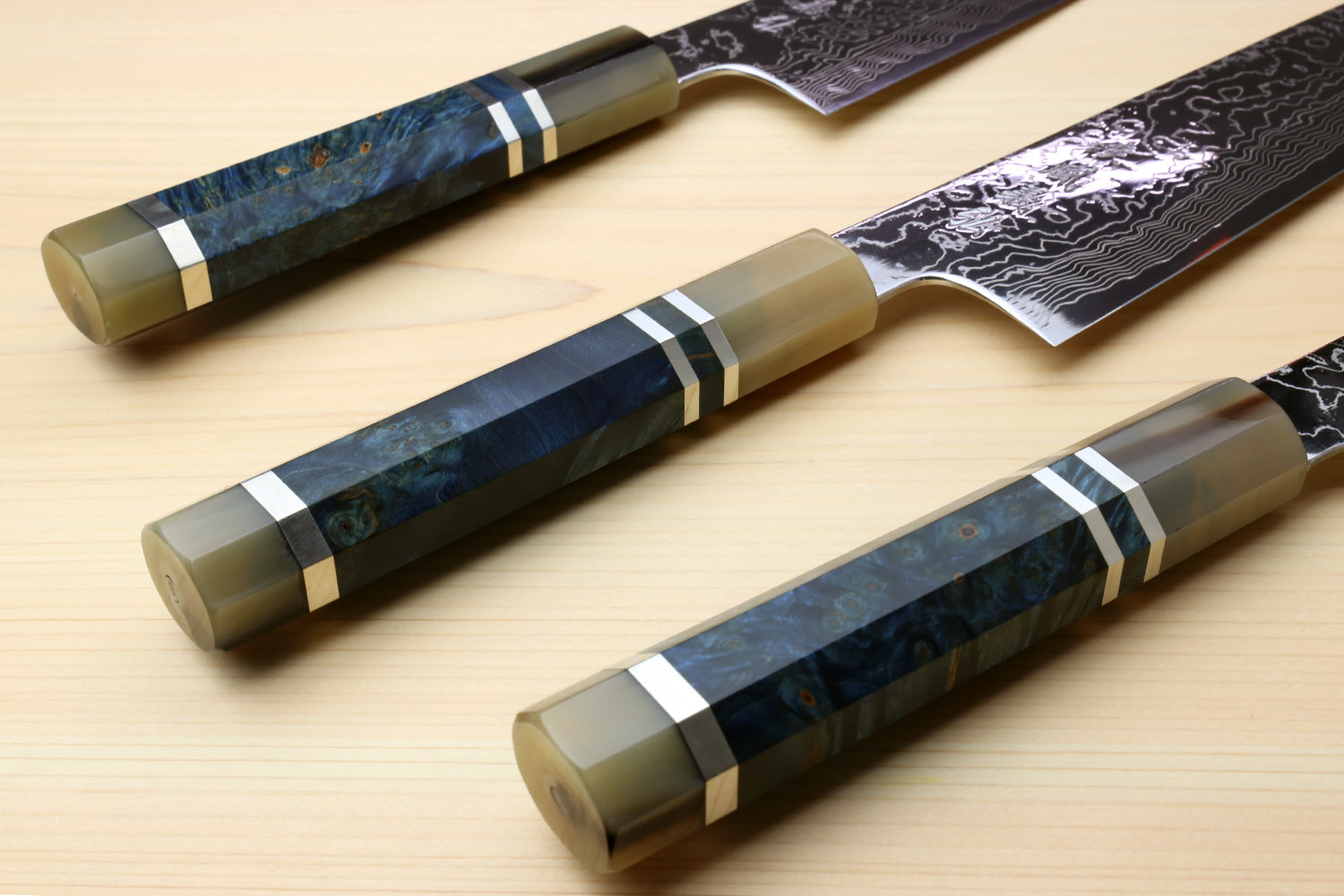 Yoshihiro Damascus SG2 (R2) Semi-Stainless Kiritsuke Chef Knife with Ocean Blue Handle