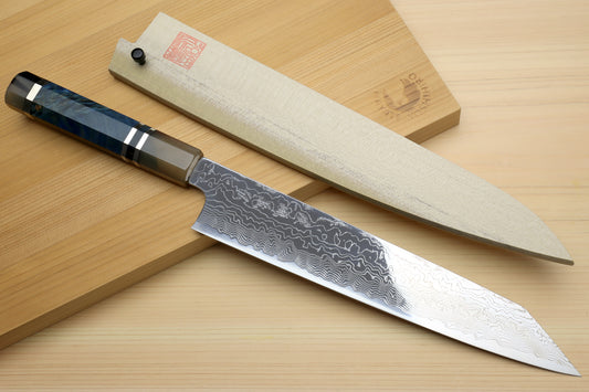 Yoshihiro Damascus SG2 (R2) Semi-Stainless Utility-Kiritsuke Chef Knife with Ocean Blue Handle (Blade Length 9.5" (240mm))