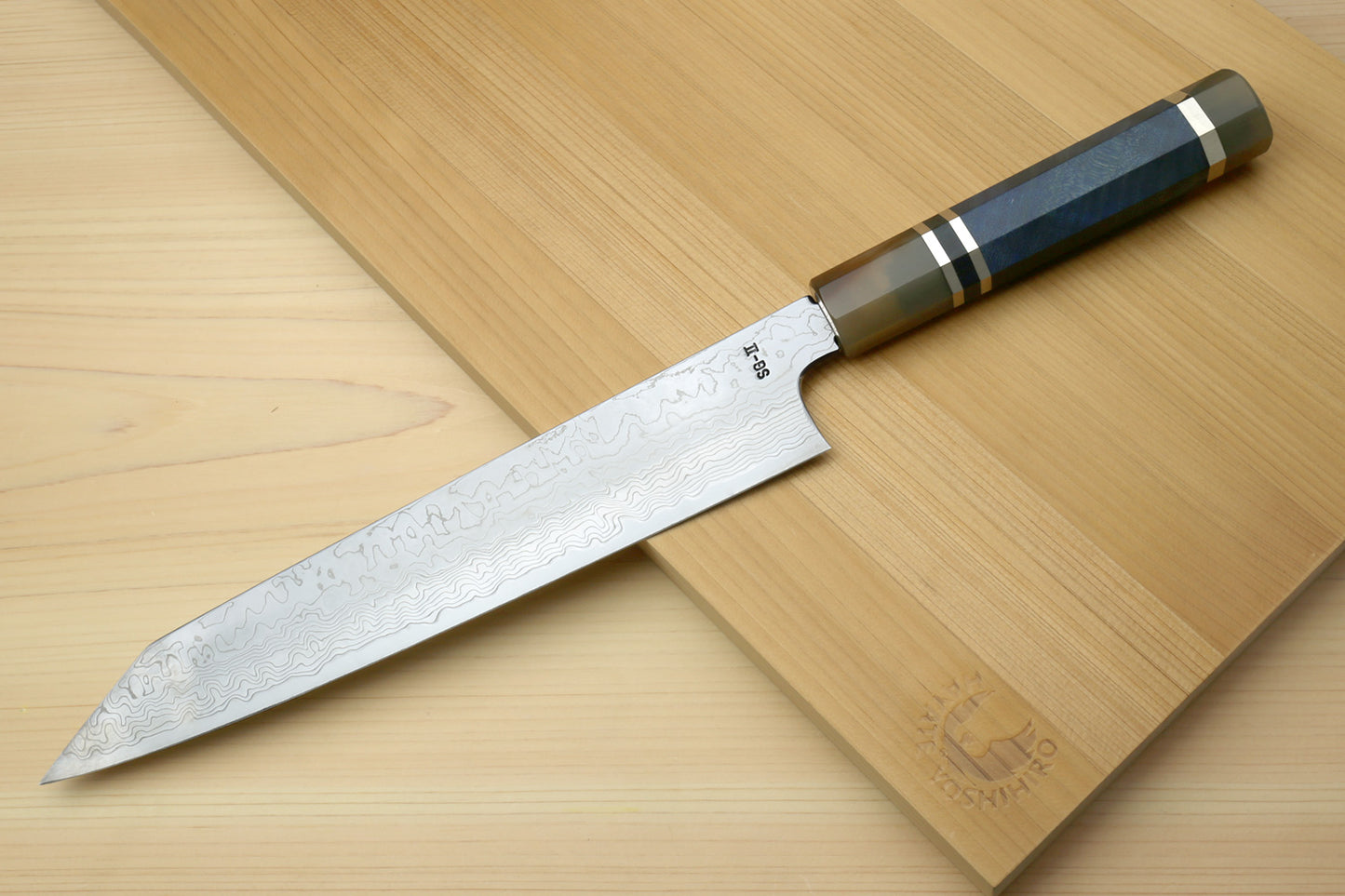 Yoshihiro Damascus SG2 (R2) Semi-Stainless Utility-Kiritsuke Chef Knife with Ocean Blue Handle (Blade Length 9.5" (240mm))