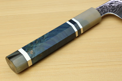 Yoshihiro Damascus SG2 (R2) Semi-Stainless Utility-Kiritsuke Chef Knife with Ocean Blue Handle (Blade Length 9.5" (240mm))