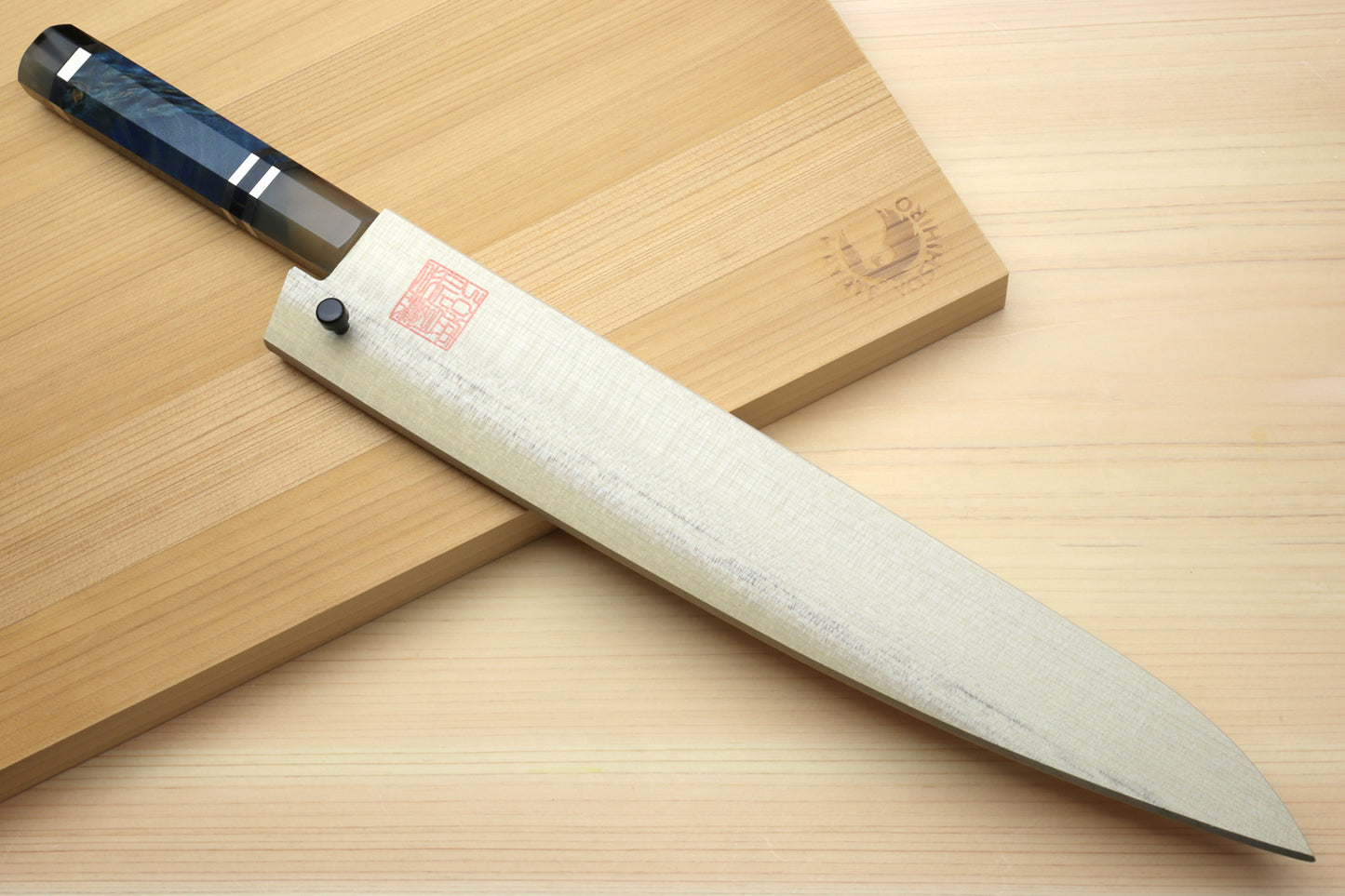 Yoshihiro Damascus SG2 (R2) Semi-Stainless Utility-Kiritsuke Chef Knife with Ocean Blue Handle (Blade Length 9.5" (240mm))