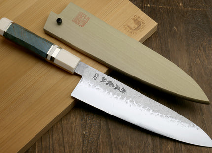 Yoshihiro Hammered SG2 (R-2) Powdered Stainless Steel Gyuto Chef Knife with Ocean Blue Stabilized Handle 225mm 8.5"