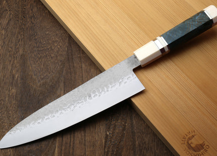 Yoshihiro Hammered SG2 (R-2) Powdered Stainless Steel Gyuto Chef Knife with Ocean Blue Stabilized Handle 225mm 8.5"