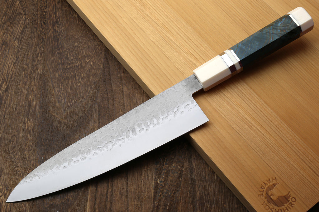 Yoshihiro Hammered SG2 (R-2) Powdered Stainless Steel Gyuto Chef Knife with Ocean Blue Stabilized Handle 225mm 8.5"