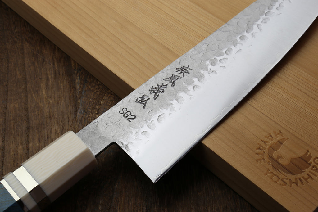 Yoshihiro Hammered SG2 (R-2) Powdered Stainless Steel Gyuto Chef Knife with Ocean Blue Stabilized Handle 225mm 8.5"