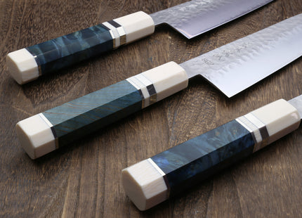 Yoshihiro Hammered SG2 (R-2) Powdered Stainless Steel Gyuto Chef Knife with Ocean Blue Stabilized Handle 225mm 8.5"