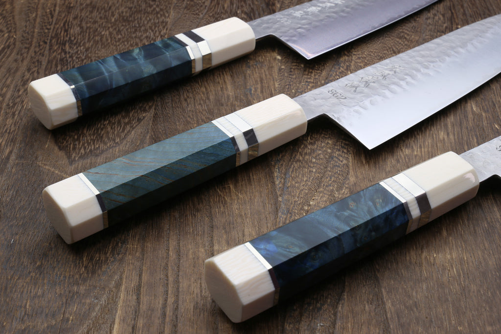 Yoshihiro Hammered SG2 (R-2) Powdered Stainless Steel Gyuto Chef Knife with Ocean Blue Stabilized Handle 225mm 8.5"