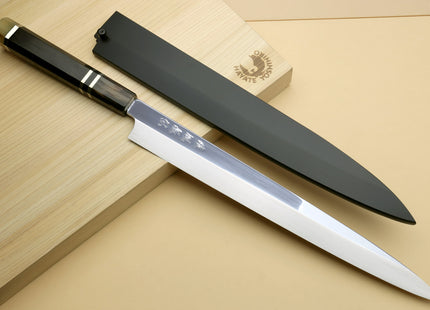 Yoshihiro SG-2 (R-2) Semi-Stainless Steel Mirror Polished Yanagi Sashimi Knife, Triple Ring Ebony Handle