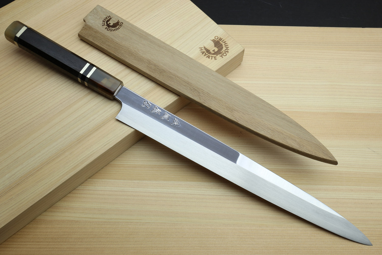 Yoshihiro SG-2 (R-2) Semi-Stainless Steel Mirror Polished Yanagi Sashimi Knife, Triple Ring Ebony Handle