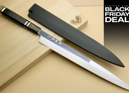 (BF Sale) Yoshihiro SG-2 (R-2) Semi-Stainless Steel Mirror Polished Yanagi Sashimi Knife, Triple Ring Ebony Handle (Blade Length 11.8" (300mm))