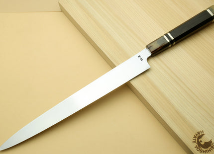 Yoshihiro SG-2 (R-2) Semi-Stainless Steel Mirror Polished Yanagi Sashimi Knife, Triple Ring Ebony Handle