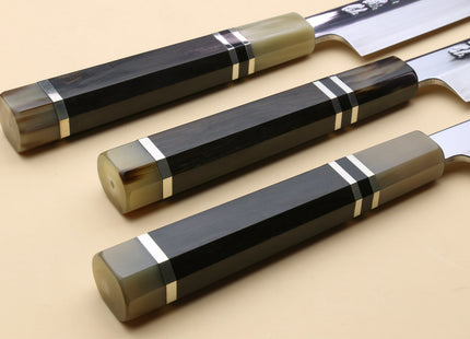 Yoshihiro SG-2 (R-2) Semi-Stainless Steel Mirror Polished Yanagi Sashimi Knife, Triple Ring Ebony Handle