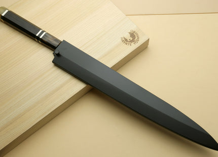 Yoshihiro SG-2 (R-2) Semi-Stainless Steel Mirror Polished Yanagi Sashimi Knife, Triple Ring Ebony Handle