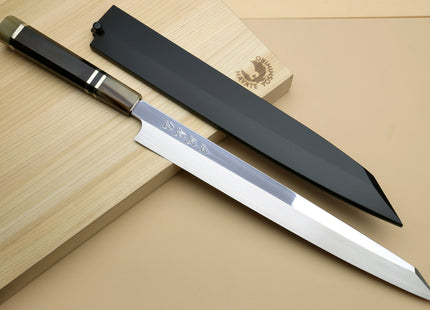 Yoshihiro SG-2 (R-2) Semi-Stainless Steel Mirror Polished Yanagi Kiritsuke Sashimi Knife, Triple Ring Ebony Handle