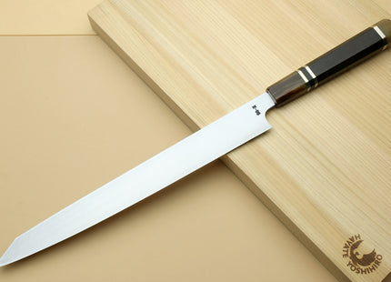 Yoshihiro SG-2 (R-2) Semi-Stainless Steel Mirror Polished Yanagi Kiritsuke Sashimi Knife, Triple Ring Ebony Handle