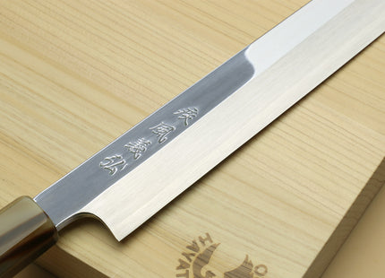 Yoshihiro SG-2 (R-2) Semi-Stainless Steel Mirror Polished Yanagi Kiritsuke Sashimi Knife, Triple Ring Ebony Handle