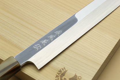 Yoshihiro SG-2 (R-2) Semi-Stainless Steel Mirror Polished Yanagi Kiritsuke Sashimi Knife, Triple Ring Ebony Handle