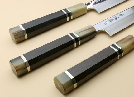 Yoshihiro SG-2 (R-2) Semi-Stainless Steel Mirror Polished Yanagi Kiritsuke Sashimi Knife, Triple Ring Ebony Handle
