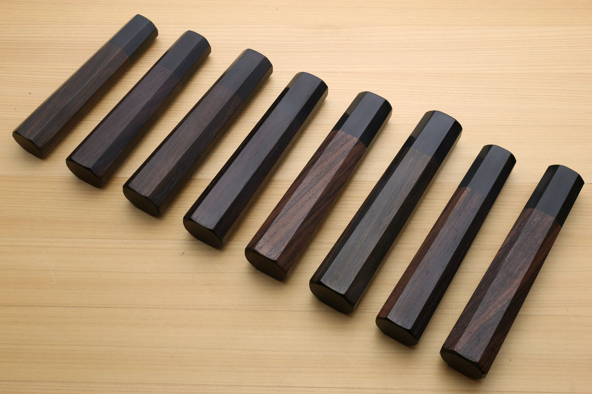 Chef knife handle set: rosewood scales and ebony bolster, angled lineup, for Gyuto knives