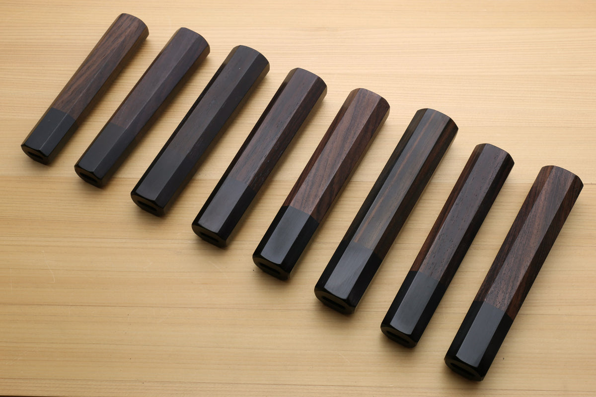 Chef knife handle set: rosewood scales with ebony bolster, angled view, for Gyuto knives