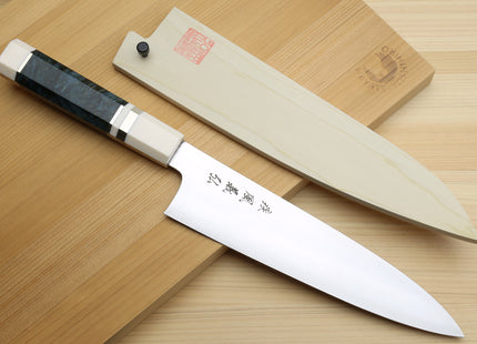 Yoshihiro HAP40 High Speed Stainless Steel Gyuto Chefs Knife Ocean Blue Handle with Alternative Ivory Bolster