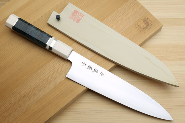 Yoshihiro HAP40 High Speed Stainless Steel Gyuto Chefs Knife Ocean Blue Handle with Alternative Ivory Bolster