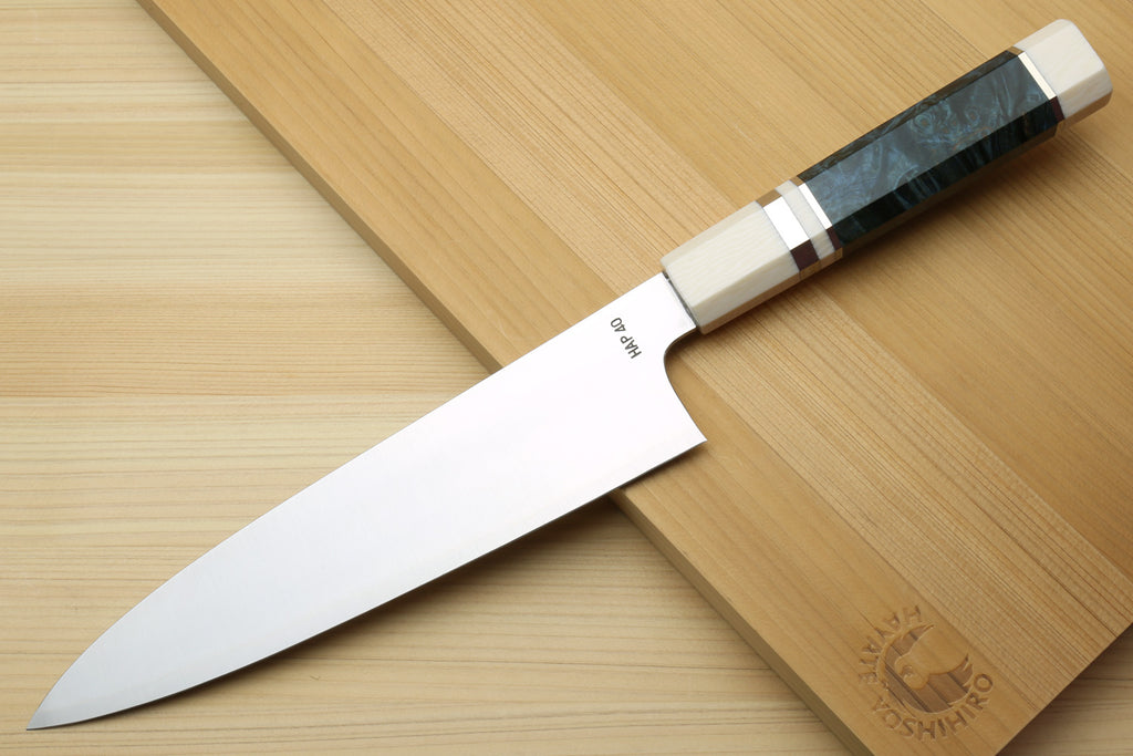 Yoshihiro HAP40 High Speed Stainless Steel Gyuto Chefs Knife Ocean Blue Handle with Alternative Ivory Bolster