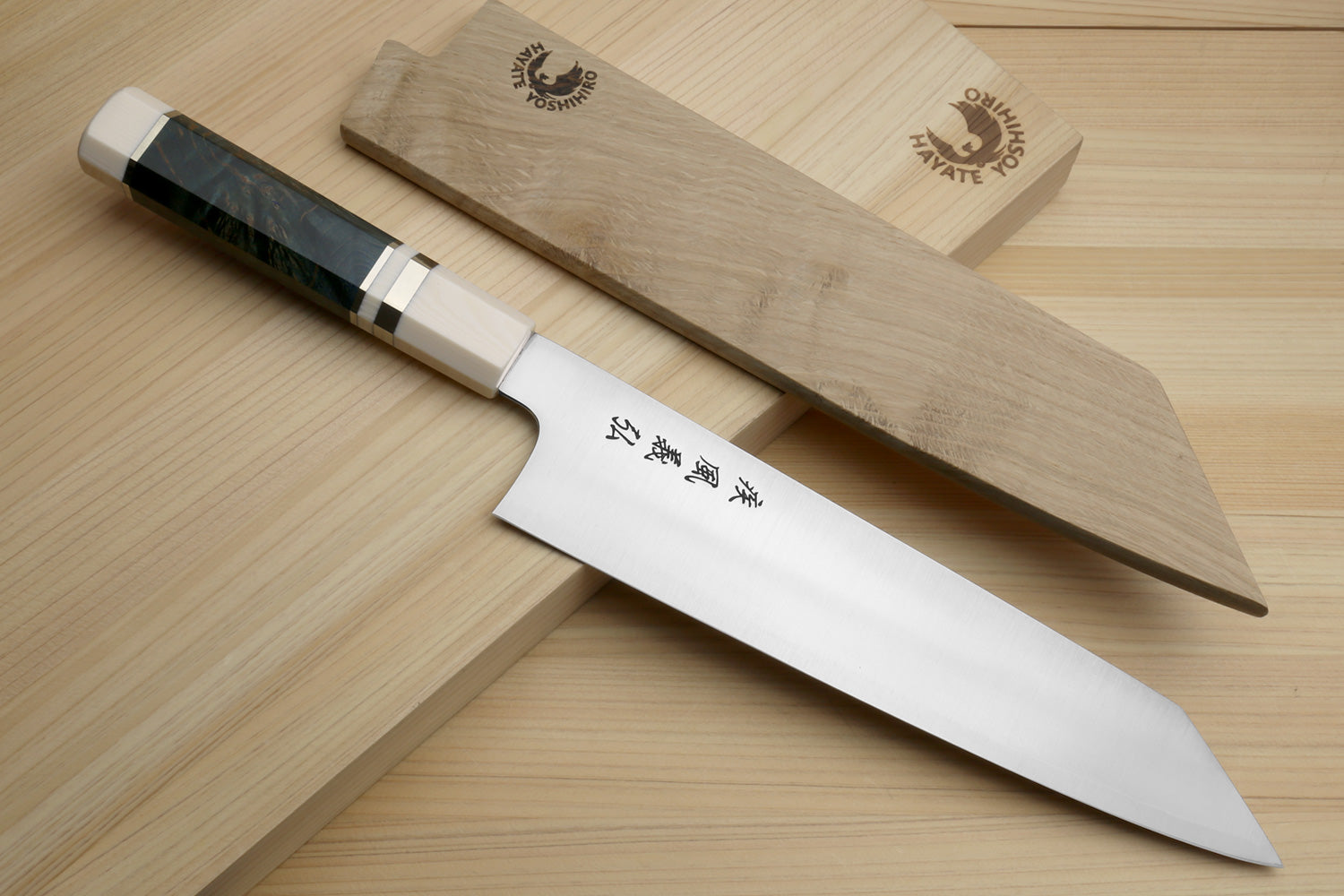Yoshihiro HAP40 High Speed Stainless Steel Kiritsuke Multipurpose Chefs Knife Ocean Blue Handle with Alternative Ivory Bolster