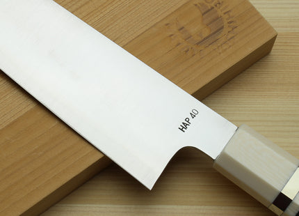 Yoshihiro HAP40 High Speed Stainless Steel Kiritsuke Multipurpose Chefs Knife Ocean Blue Handle with Alternative Ivory Bolster